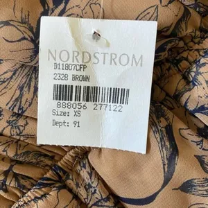 Nordstrom Soprano Brown Tan w/Navy Flowers Sheer Ruffled Flowy Dress XS NWT‎ thumbnail 4