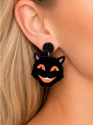 NEW Halloween Black Cat Acrylic Dangle Earrings Glitter Retro Goth Spooky Cute thumbnail 1