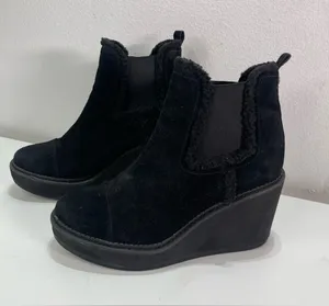 Sam Edelman Black Wedge Chunky Boots Women 10 Suede Bootie Faux Fur Trim Grunge thumbnail 1