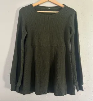 Olive Green Ribbed Knit Top Babydoll Blouse Maternity Casual Comfy Medium thumbnail 1