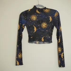 Ragstock Celestial Sun Moon Star Sheer Mesh Crop Top Navy Blue Mock Neck thumbnail 5