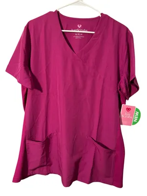 Just Scrubs Womens Sz XL 18-20 Short Sleeve Scrub Top Magenta Pink V-Neck Pocket thumbnail 1