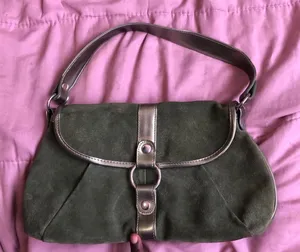 Y2K 2000s Green Suede Shoulder Baguette Hand Bag Purse Grunge Mcbling Silver Studs O-ring #Biker #Alt #Whimsygoth #Baddie #Trendy Measurement in pics thumbnail 1