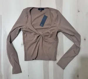 Lulus NWT Women Small Brown Ribbed Long Sleeve Twist-Front Top thumbnail 1
