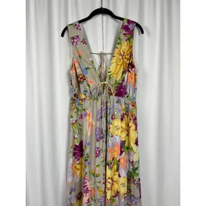 H&M Brown Purple&Pink Floral Deep V Linen&Cotton Maxi Dress Sz.M thumbnail 5