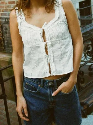 Zara Ruffle Eyelet Lace Tie Front Tank Top in White - XS thumbnail 1