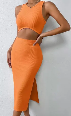 SheIn Orange Ribbed Midi Skirt Set thumbnail 1