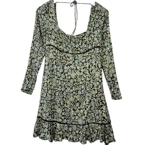 Free People Bohemian Mini Dress Black‎ Floral Babydoll Long Sleeve Womens 0 thumbnail 4