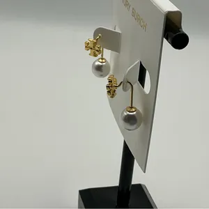 Tory Burch Gold Logo Pearl Drop Earrings NWT thumbnail 2