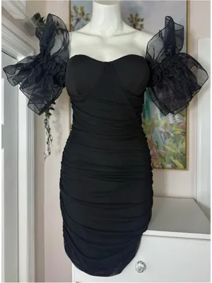 Black Ruched Bodycon Mini Dress Sweetheart Organza Ruffle Sleeves Size Small thumbnail 3