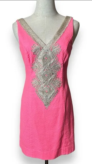 Lilly Pulitzer Junie Shift Dress Coral Reef‎ Hot Pink Gold Mini Size 0 thumbnail 1