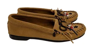 Minnetonka Thunderbird II Suede Moccasins Tan‎ Beaded Fringe Womens 6 177 thumbnail 1