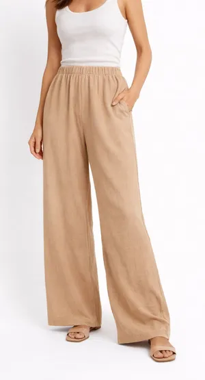 Zara Wide Leg Pants Beige Elastic Waist Flowy Lounge Minimalist M thumbnail 1