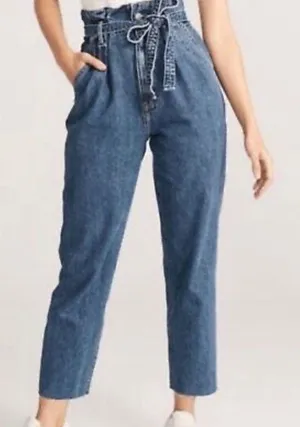 Abercrombie & Fitch Women's High Rise Mom Paperbag Waist Belted Jeans Blue Sz 32 thumbnail 1