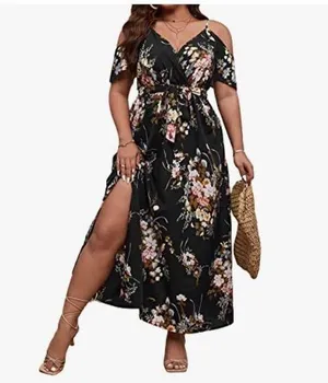 NEW Floral Cold Shoulder Short Sleeve Wrap Hem A Line Midi Dress 2X thumbnail 4