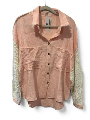 POL Pink Button-Down Gauze Shirt with White Crochet Sleeves thumbnail 2
