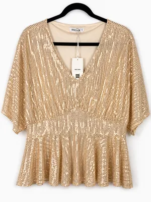 Grace Karin Womens Top 1XL Gold Sequin V Neck Batwing Peplum Party Blouse thumbnail 2