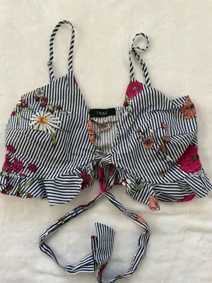 TRAC Floral Stripe Two Piece Set Ruffle Shorts & Tie Front Crop Top S thumbnail 7