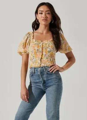 Floral Smocked puff sleeve top thumbnail 1
