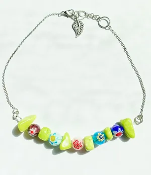 natural jade stones & colorful flower glass beads necklace/choker 💚 thumbnail 1