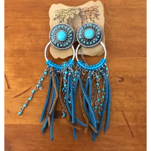 Justin Boots Turquoise Concho Fringe Earrings Western Cowgirl Boho Statement NWT thumbnail 3