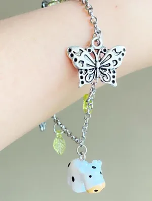 Handmade y2k Kawaii funky fairy cow&strawberry&butterfly stainless steel chain bracelet🐮🍓🍃🦋🌀🌳 thumbnail 2