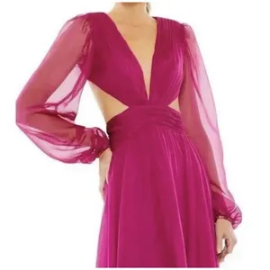 Ieena Mac Duggal Berry Fuchsia Cut out Puff Sleeve A Line Gown Size 0 thumbnail 3