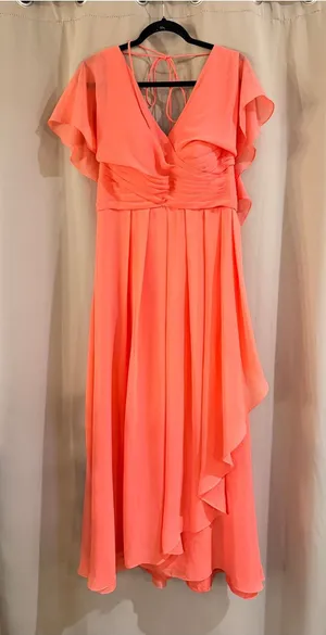 Stacees Flutter Sleeve V-Neck Coral Evening Dress thumbnail 1