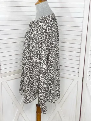 Loft Leopard Print Gathered Neck Button Up Blouse Cream Tan Large Long Sleeve thumbnail 2