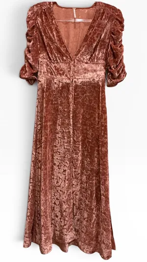 Free People Crushed Velvet Floral Midi Dress Open Front Burnout Puff Sleeve‎ S thumbnail 1
