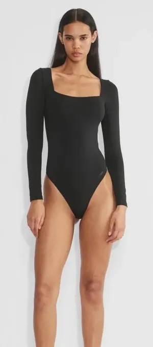 Babaton Aritzia Contour Squareneck Long Sleeve Bodysuit Black XS Thong Snap thumbnail 1