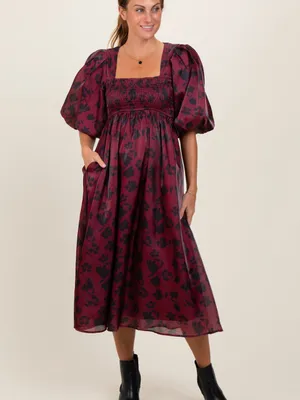 Heart of Mine Burgundy Floral Midi Dress with Puff Sleeves thumbnail 2