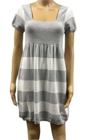 Pink Rose Premium Quality Grey White Striped Short Sleeve Knit Mini Dress Large thumbnail 1