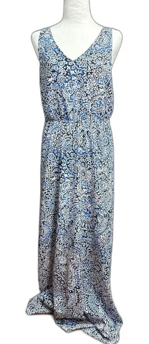 LOFT Maxi Dress Blue Paisley Criss Cross Back Boho Wedding Party‎ Coastal M thumbnail 1