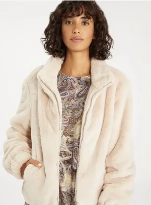 Sanctuary Sami Faux Fur Cream Cropped Full Zip Up Jacket thumbnail 1