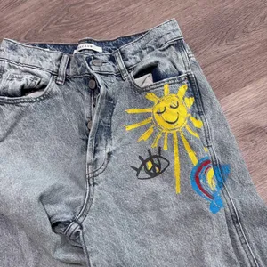 Pacsun Baggy Jean 26 Painted Denim Paint Flower Rainbow Sun Eye Button Fly thumbnail 4