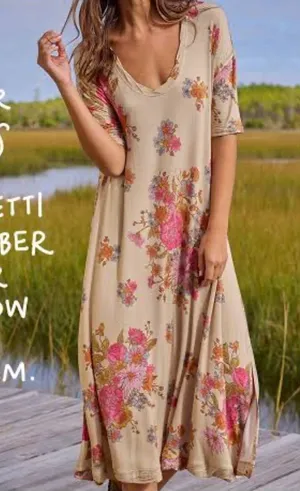 Natural Life Super Soft Jersey Floral Knit Midi Dress Tan Pink Beige Large thumbnail 1