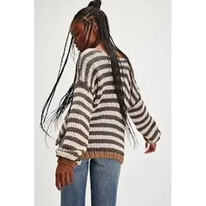 Free People Portland‎ Pullover Olive Striped Chunky Knit V-Neck Sweater Large thumbnail 2
