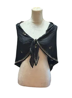 Black Embroidered Sheer Scarf Evening Wrap Shawl Gold & White Beaded Detailing thumbnail 3
