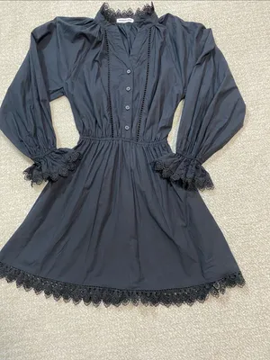 Girls' Black Long-Sleeve Lace-Trim Smocked Waist Dress Size12 100%Organic cotton thumbnail 13
