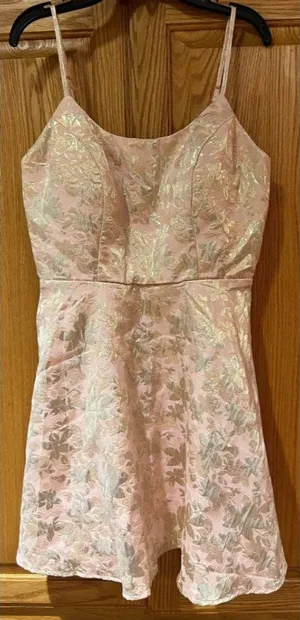Trixxi‎ Light Pink with Gold Flowers Fit & Flare Mini Dress Juniors Size Medium thumbnail 1