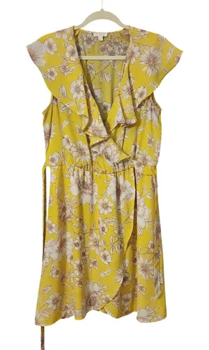 Catherines Charming Charlie Women's Yellow‎ Wrap Floral Ruffle Dress, Large thumbnail 1