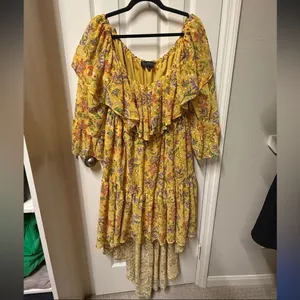 Eloquii Floral Yellow Ruffled Off Shoulder High-Low Dress Size 16 thumbnail 2