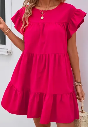Solid Crew Neck Tiered Dress Pink thumbnail 1
