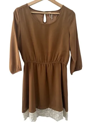 Brazilian Brown Lace Hem Dress Medium Romantic Boho Keyhole cottagecore fall thumbnail 1