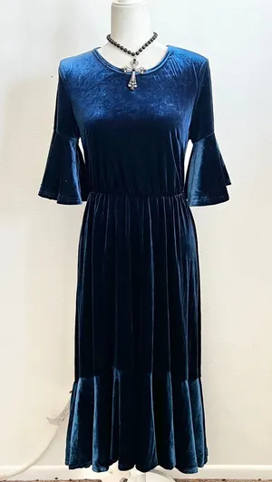 Blue‎ Velvet Maxi Dress Bell Sleeve Vintage Whimsigoth Goth Coquette Small thumbnail 1