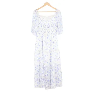 Sissyaki Blue Floral Smocked Midi Dress Square Neck Puff Sleeve Large thumbnail 2