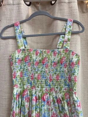 Floral Smocked Tiered Midi Dress Pink Blue Green Print Large thumbnail 8