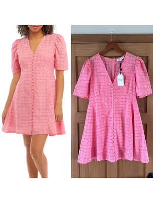 NWT English Factory Broderie Lace Puff Sleeve Mini Dress in Pink Women’s Medium thumbnail 2
