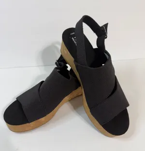 Toms Black Fabric Cork Wedge Sandals with Slingback thumbnail 1